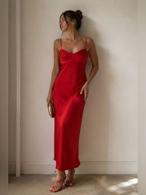 WAYF Scarlet Red Satin Midi Dress | Adjustable Straps | Size S